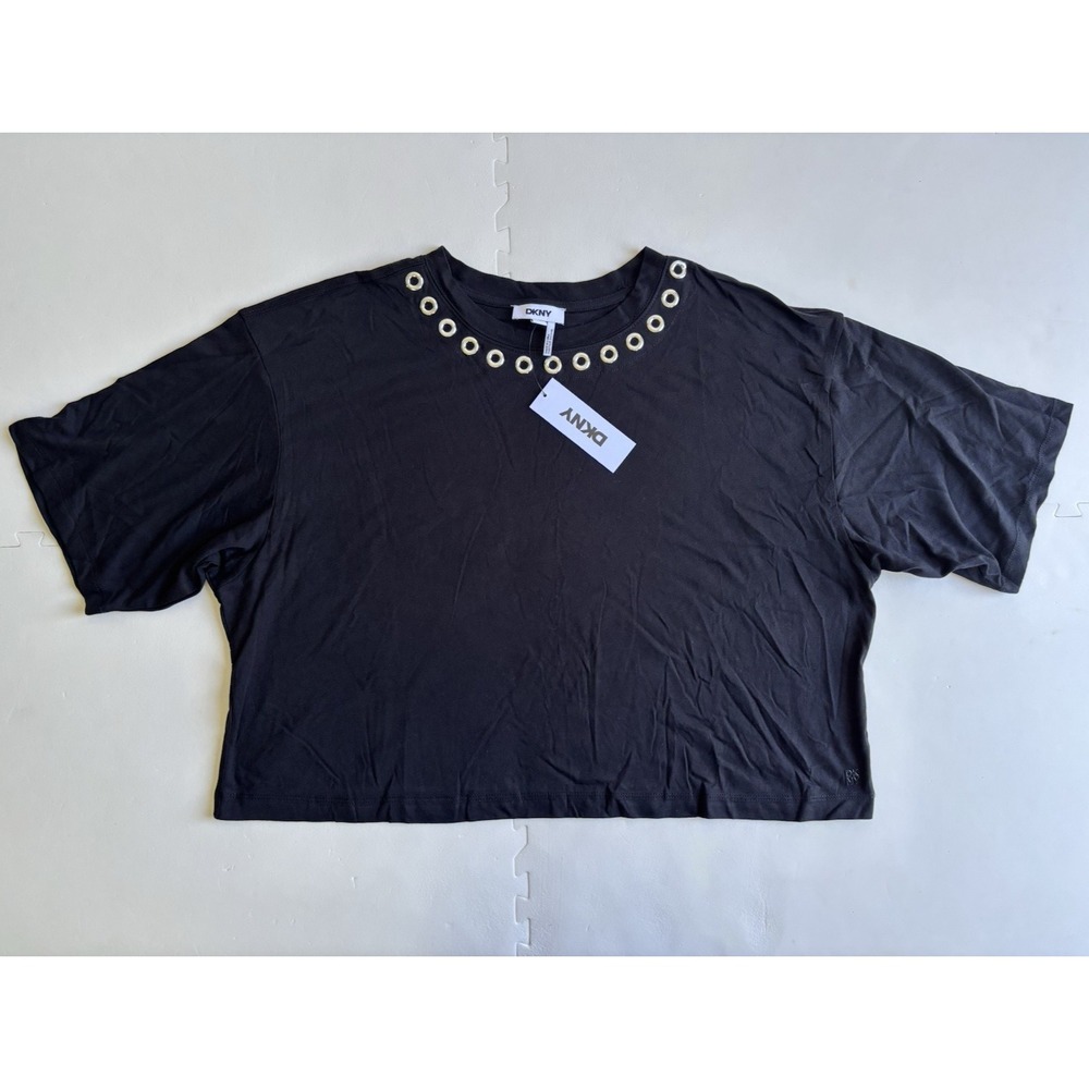 NWT DKNY Womens T-Shirt Cropped Grommet Top Shirt Y2K Punk Rock - Size XL Black